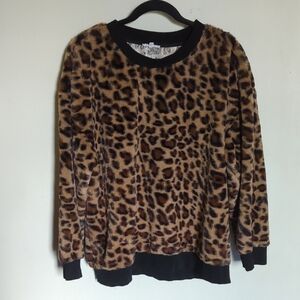 Cotton Bleu Leopard Print Fleece Pullover with Rough Edges Women's Size L